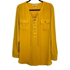 NYGÅRD Mustard Yellow Lace Up Blouse XL Gold Eyelet Tunic Top